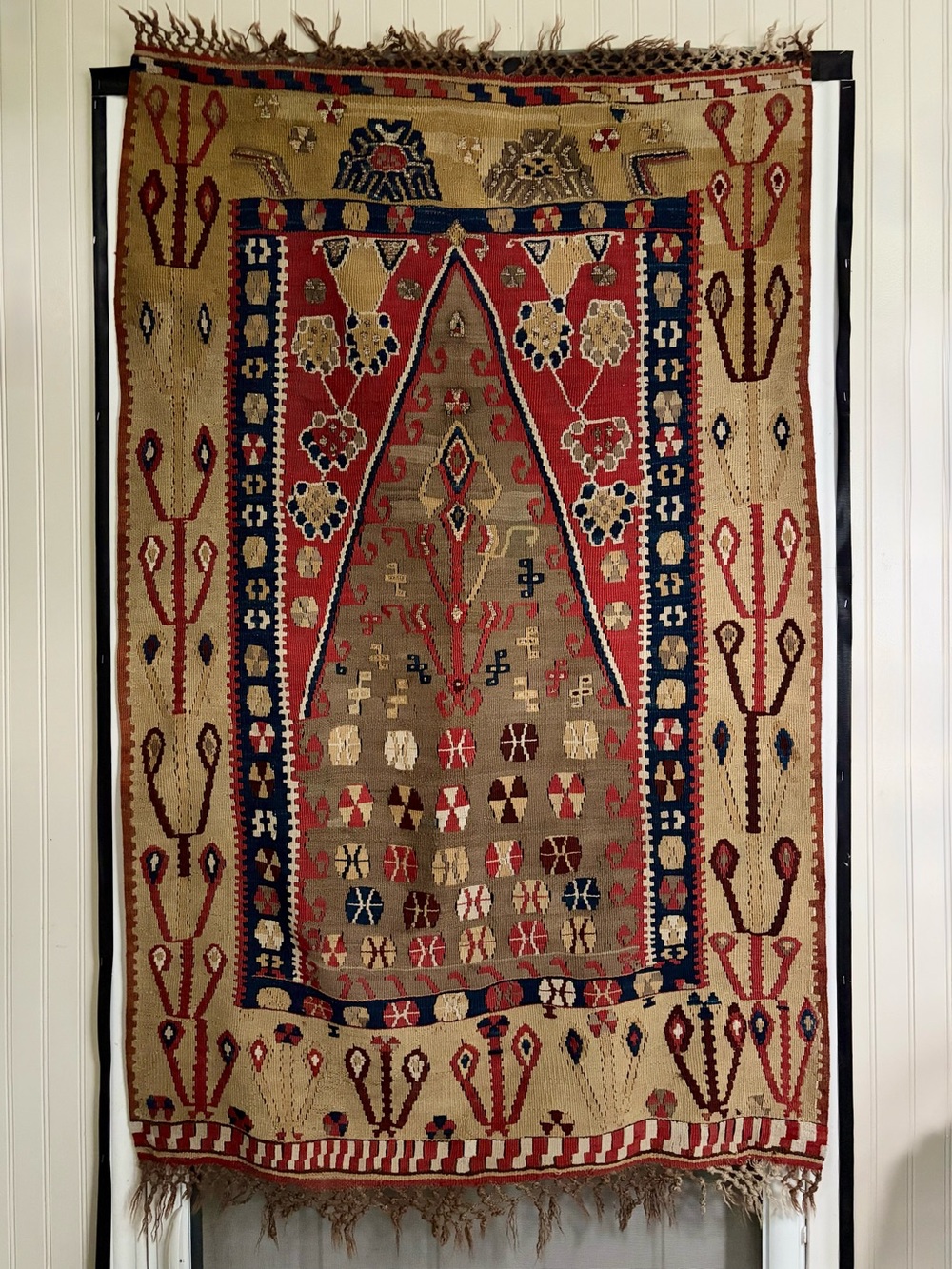 Vintage Turkish Flat-Woven Kilim Prayer Rug Mihrab Fringe Edges Tree of Life VTG